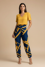 Women's V-Neck Short-Sleeve Blouse and High-Waisted Patterned Trousers Set 1