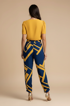 Women's V-Neck Short-Sleeve Blouse and High-Waisted Patterned Trousers Set 2