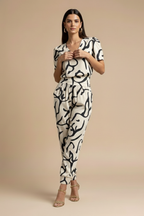 Women's V-Neck Short-Sleeve Blouse and High-Waisted Patterned Trousers Set 3