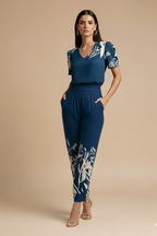 Women's V-Neck Short-Sleeve Blouse and High-Waisted Patterned Trousers Set 4