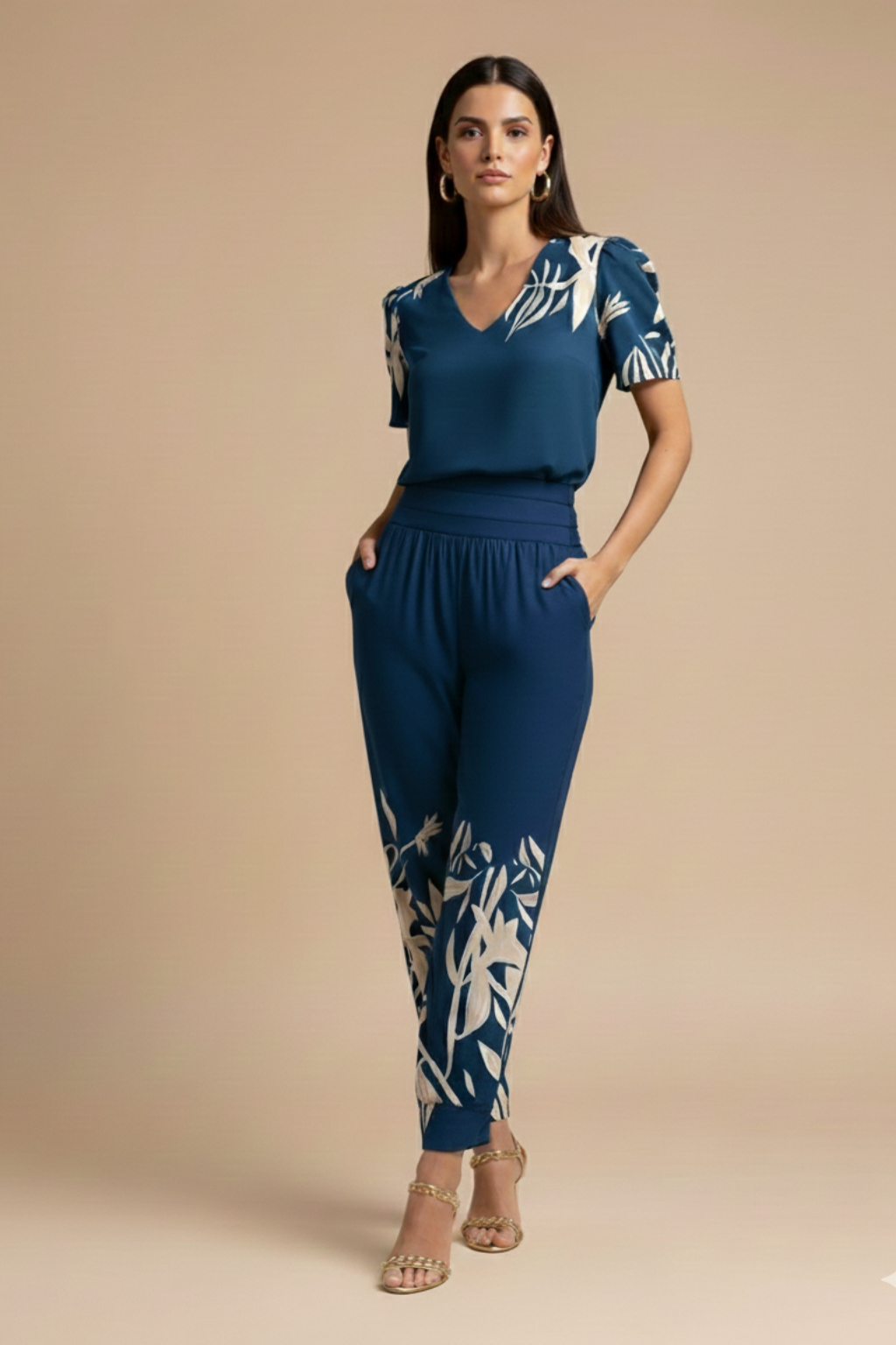 Women's V-Neck Short-Sleeve Blouse and High-Waisted Patterned Trousers Set 4