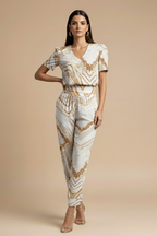 Women's V-Neck Short-Sleeve Blouse and High-Waisted Patterned Trousers Set 5