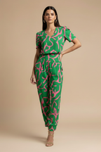 Women's V-Neck Short-Sleeve Blouse and High-Waisted Patterned Trousers Set 6