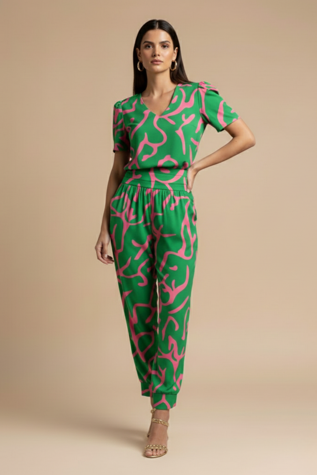 Women's V-Neck Short-Sleeve Blouse and High-Waisted Patterned Trousers Set 6