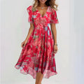 Women's V-Neck Short Sleeve Midi Dress with Tailored Fit 1