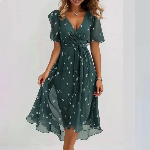 Women's V-Neck Short Sleeve Midi Dress with Tailored Fit 2