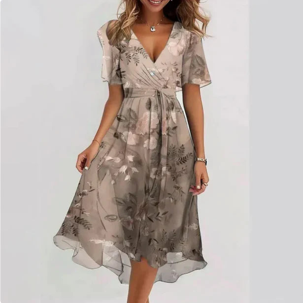 Women's V-Neck Short Sleeve Midi Dress with Tailored Fit 3