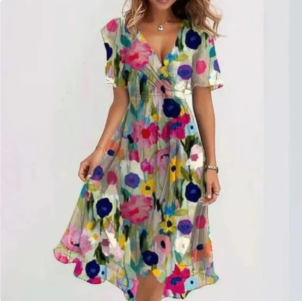 Women's V-Neck Short Sleeve Midi Dress with Tailored Fit 4