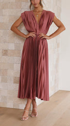 Women's V-Neck Sleeveless Pleated Maxi Dress with High Waist 1