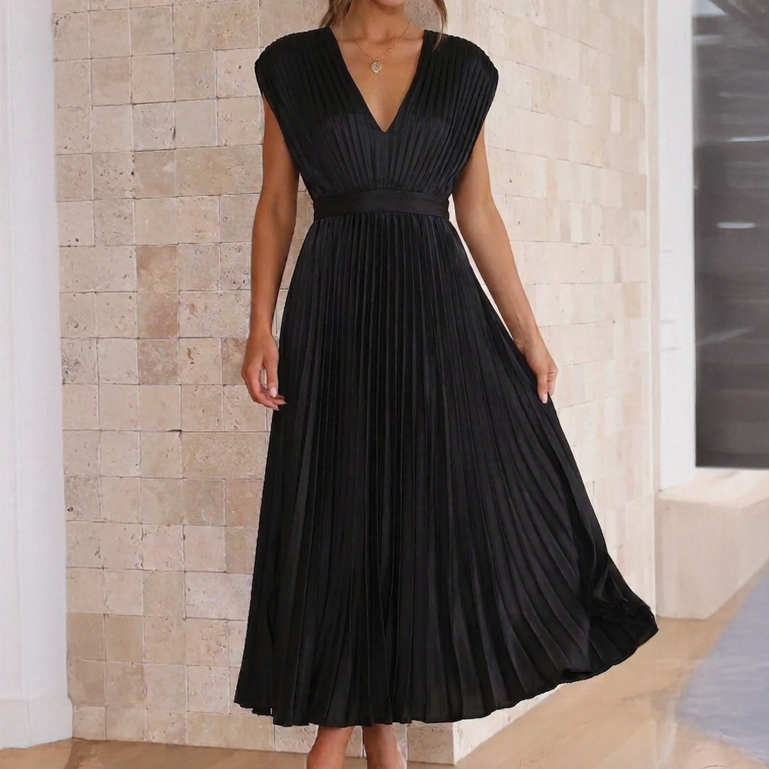 Women's V-Neck Sleeveless Pleated Maxi Dress with High Waist 13