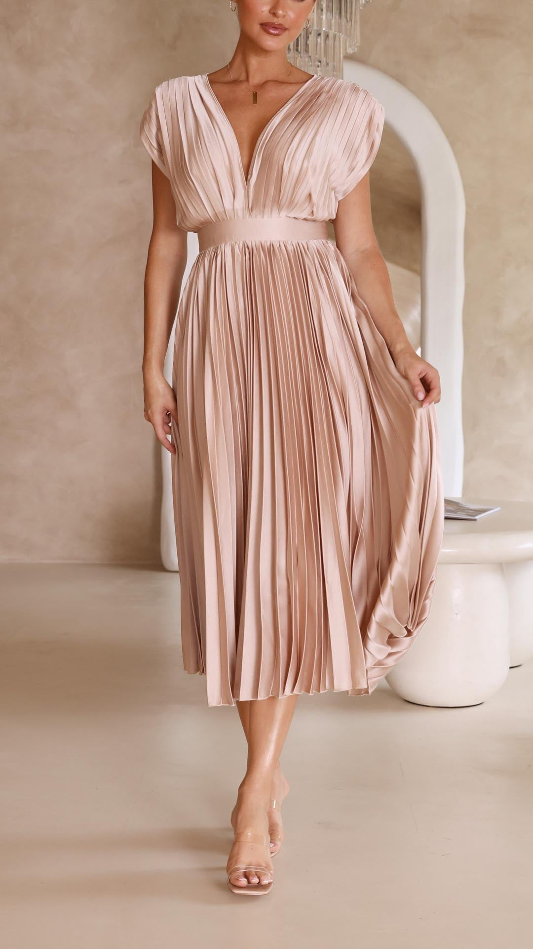 Women's V-Neck Sleeveless Pleated Maxi Dress with High Waist 6