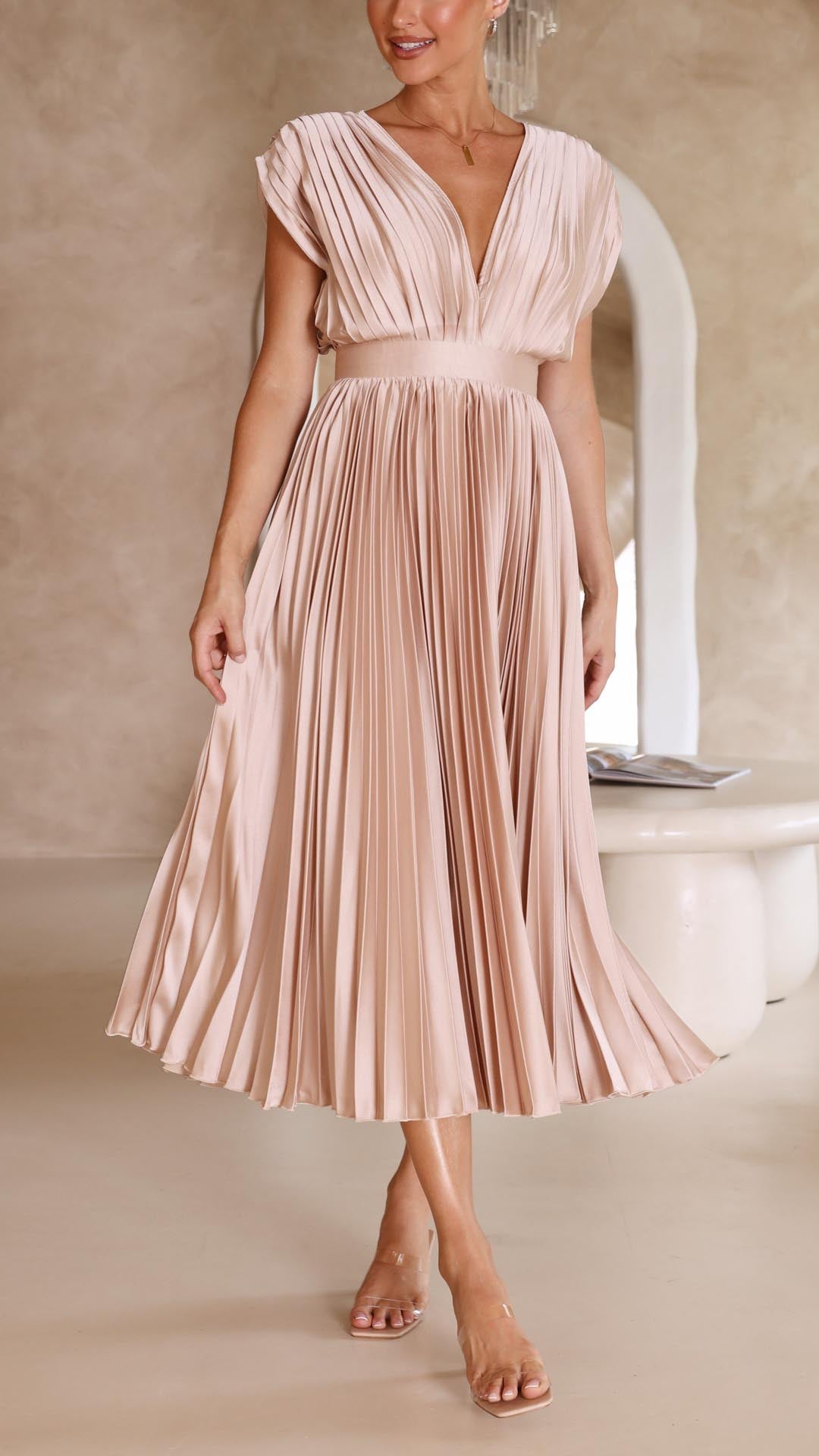 Women's V-Neck Sleeveless Pleated Maxi Dress with High Waist 7