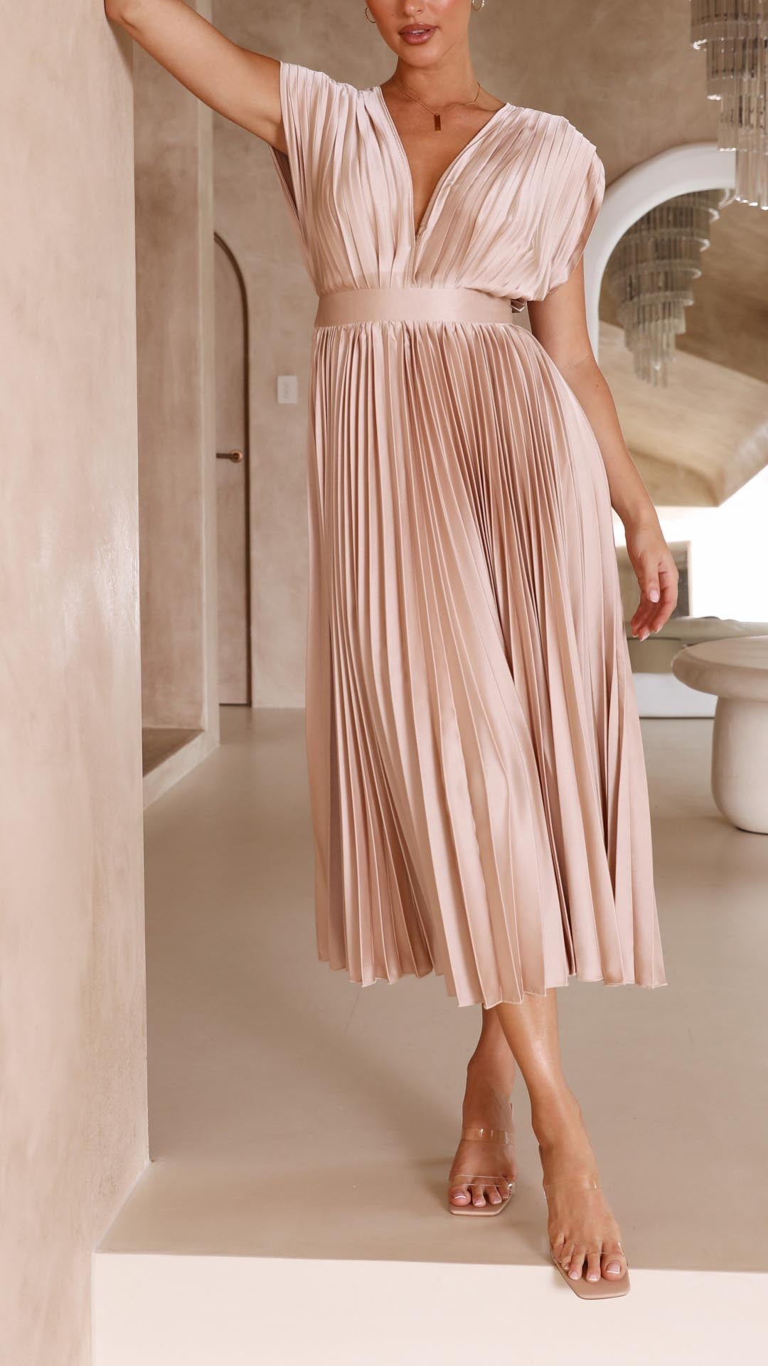 Women's V-Neck Sleeveless Pleated Maxi Dress with High Waist 9