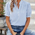 Women's V-Neck Striped Blouse with Puff Sleeves and Ruffle Cuffs 1