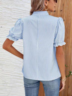 Women's V-Neck Striped Blouse with Puff Sleeves and Ruffle Cuffs 2