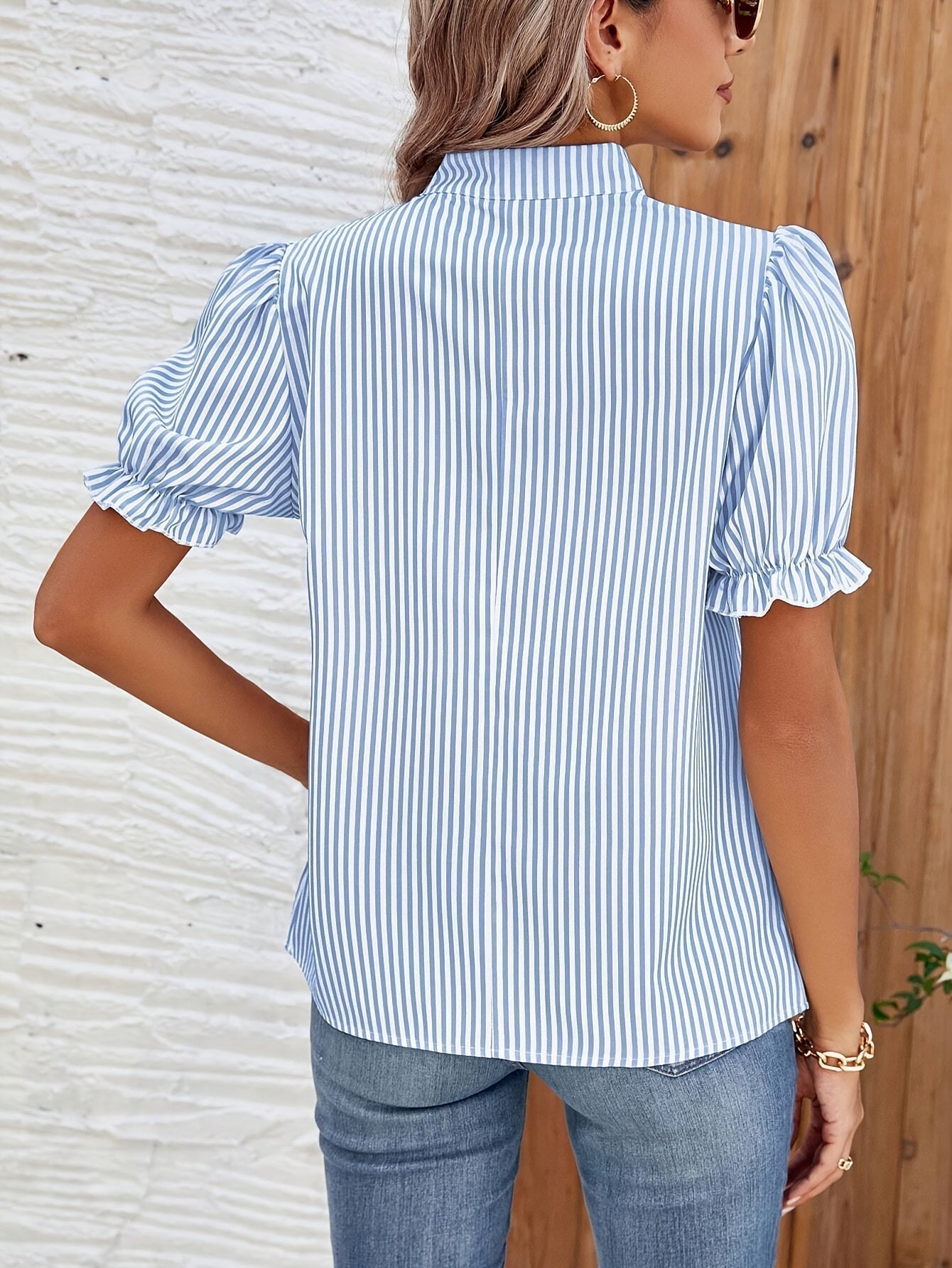 Women's V-Neck Striped Blouse with Puff Sleeves and Ruffle Cuffs 2