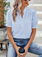 Women's V-Neck Striped Blouse with Puff Sleeves and Ruffle Cuffs 3