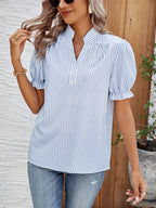 Women's V-Neck Striped Blouse with Puff Sleeves and Ruffle Cuffs 4
