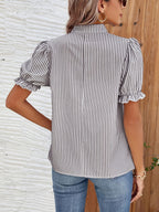 Women's V-Neck Striped Blouse with Puff Sleeves and Ruffle Cuffs 7