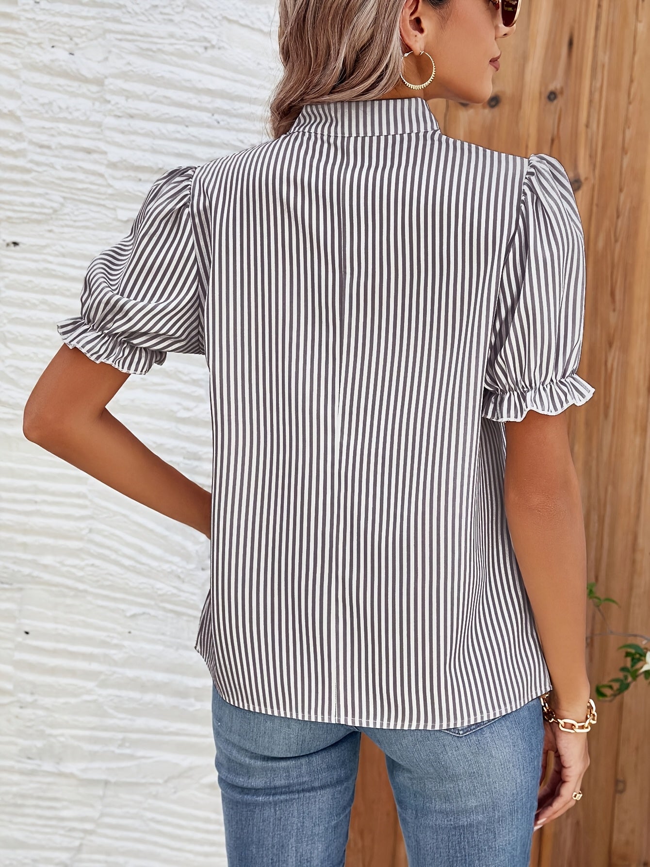 Women's V-Neck Striped Blouse with Puff Sleeves and Ruffle Cuffs 7