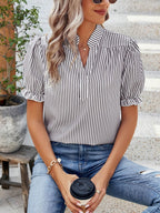 Women's V-Neck Striped Blouse with Puff Sleeves and Ruffle Cuffs 8