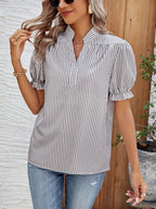 Women's V-Neck Striped Blouse with Puff Sleeves and Ruffle Cuffs 9