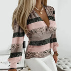 Women's V-Neck Top with Ruched Waist and Balloon Sleeves 11