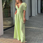 Women's V-Neck Wide Leg Jumpsuit with Puff Sleeves 1