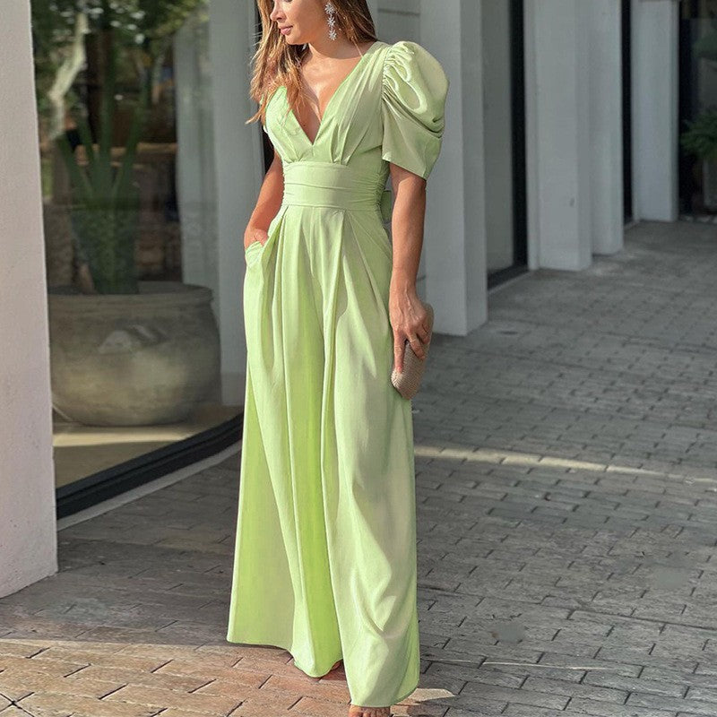 Women's V-Neck Wide Leg Jumpsuit with Puff Sleeves 1