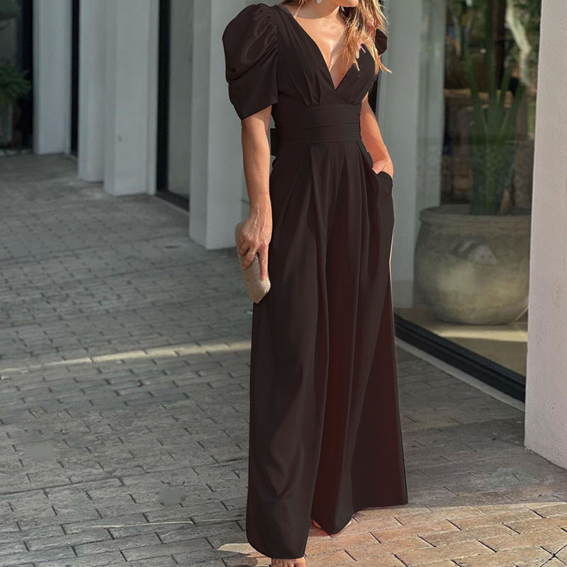 Women's V-Neck Wide Leg Jumpsuit with Puff Sleeves 2