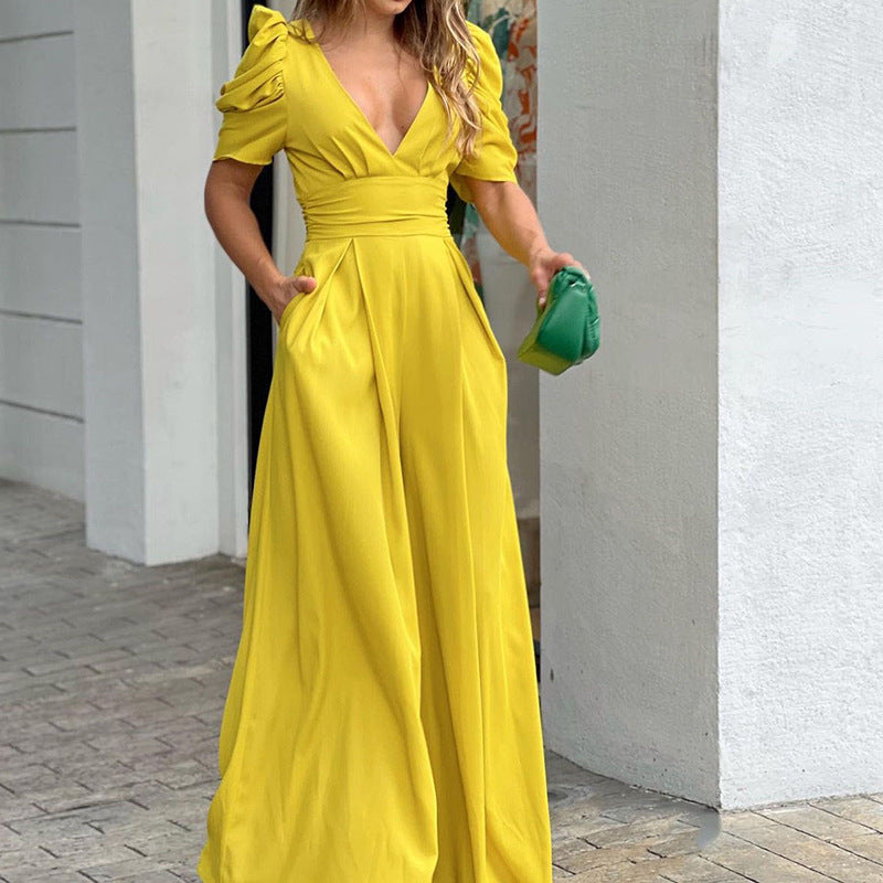 Women's V-Neck Wide Leg Jumpsuit with Puff Sleeves 3