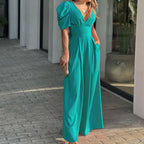 Women's V-Neck Wide Leg Jumpsuit with Puff Sleeves 4