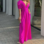 Women's V-Neck Wide Leg Jumpsuit with Puff Sleeves 5