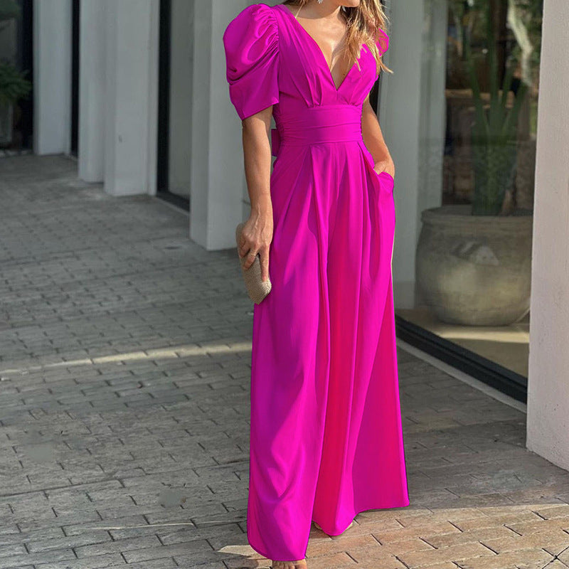Women's V-Neck Wide Leg Jumpsuit with Puff Sleeves 5