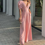 Women's V-Neck Wide Leg Jumpsuit with Puff Sleeves 6