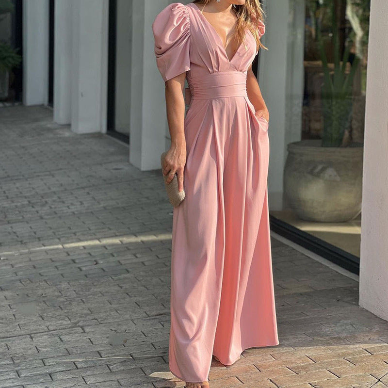 Women's V-Neck Wide Leg Jumpsuit with Puff Sleeves 6