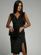 Women's V-Neck Wrap Midi Dress with Thigh Slit and Pleated Details 10