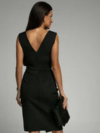 Women's V-Neck Wrap Midi Dress with Thigh Slit and Pleated Details 11