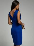 Women's V-Neck Wrap Midi Dress with Thigh Slit and Pleated Details 2