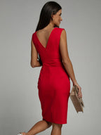 Women's V-Neck Wrap Midi Dress with Thigh Slit and Pleated Details 4