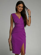 Women's V-Neck Wrap Midi Dress with Thigh Slit and Pleated Details 6