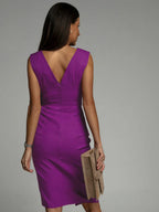 Women's V-Neck Wrap Midi Dress with Thigh Slit and Pleated Details 7
