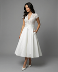 Women's White Lace Bodice Midi Dress with Cap Sleeves and Button Back 1