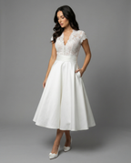 Women's White Lace Bodice Midi Dress with Cap Sleeves and Button Back 1
