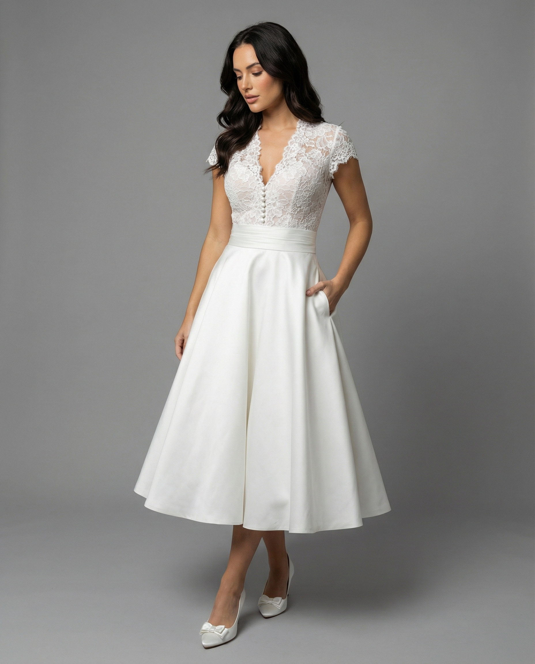 Women's White Lace Bodice Midi Dress with Cap Sleeves and Button Back 1