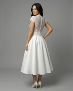 Women's White Lace Bodice Midi Dress with Cap Sleeves and Button Back 2