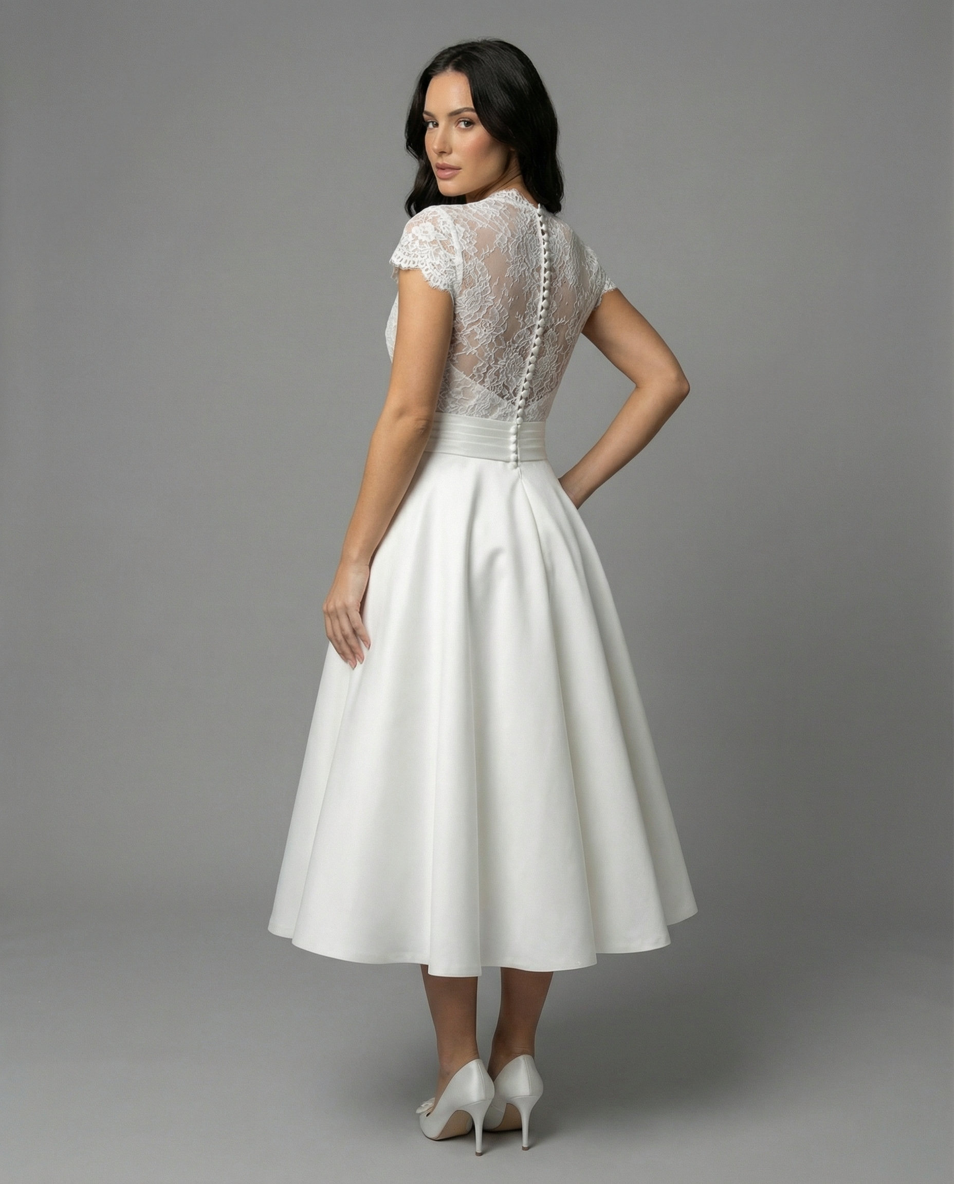 Women's White Lace Bodice Midi Dress with Cap Sleeves and Button Back 2