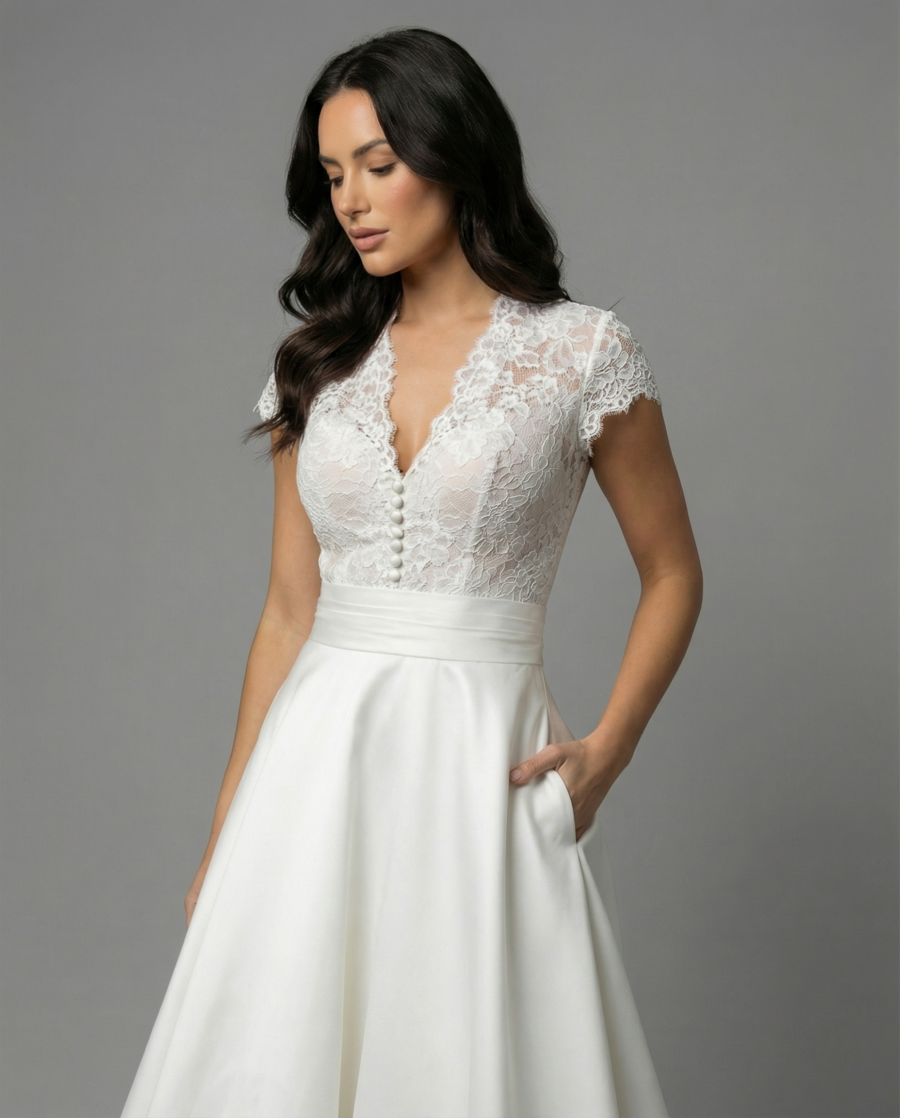 Women's White Lace Bodice Midi Dress with Cap Sleeves and Button Back 3