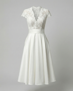 Women's White Lace Bodice Midi Dress with Cap Sleeves and Button Back 4
