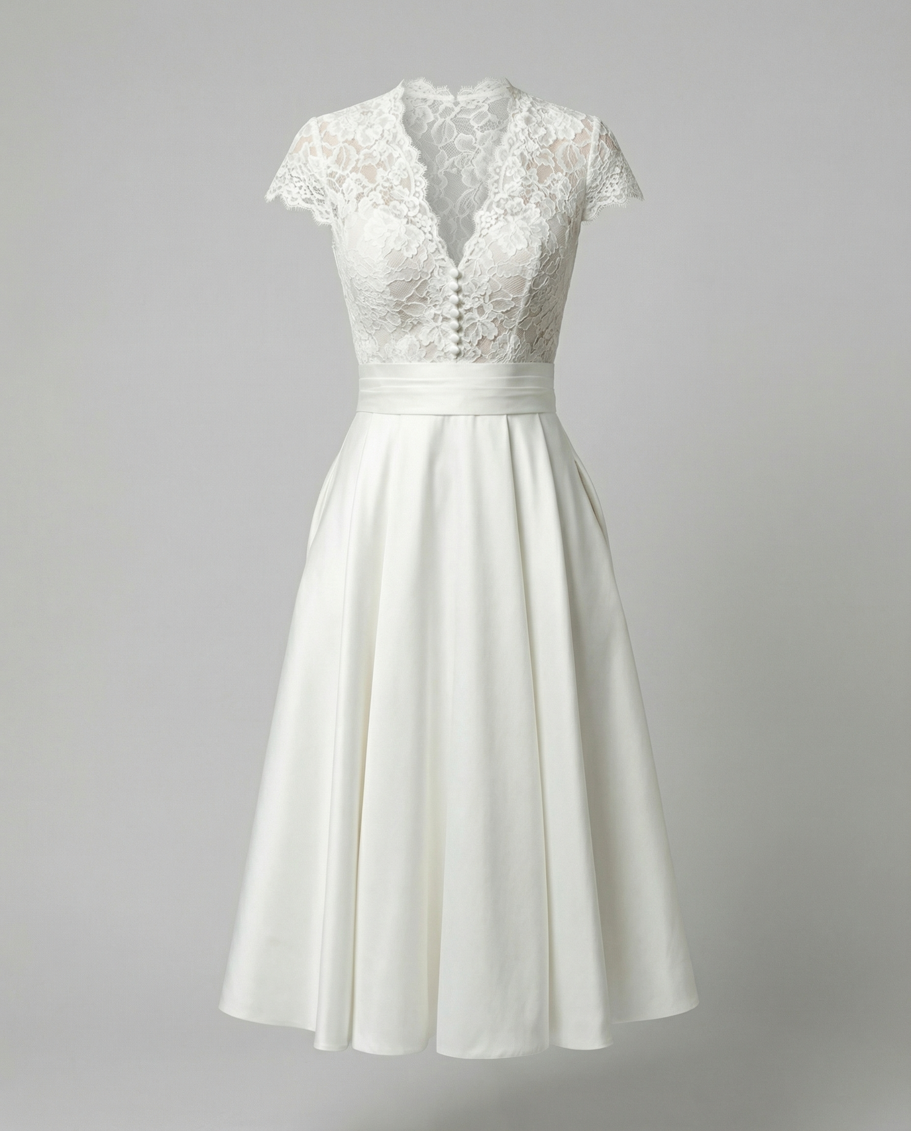 Women's White Lace Bodice Midi Dress with Cap Sleeves and Button Back 4